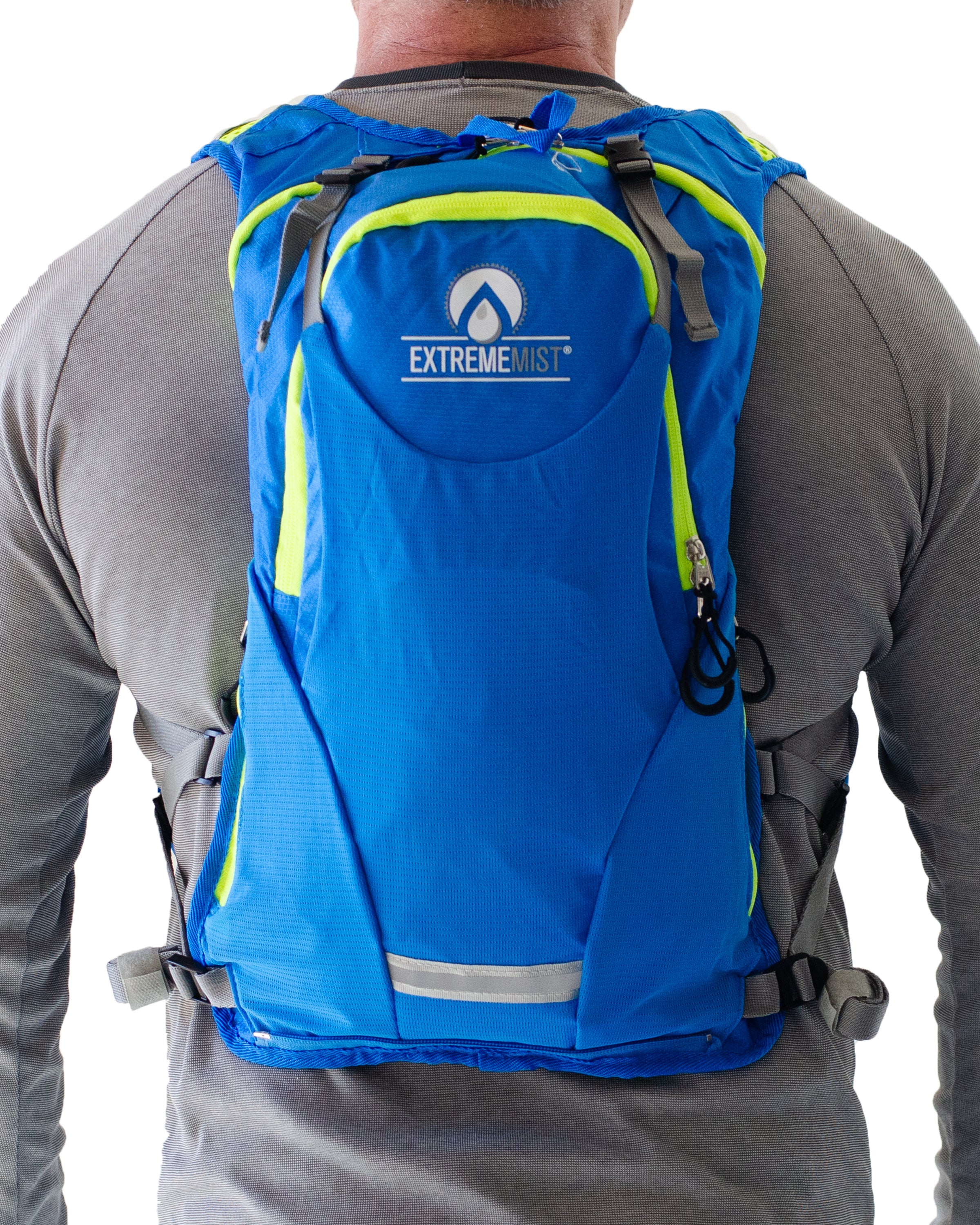 back of blue hydration backpack