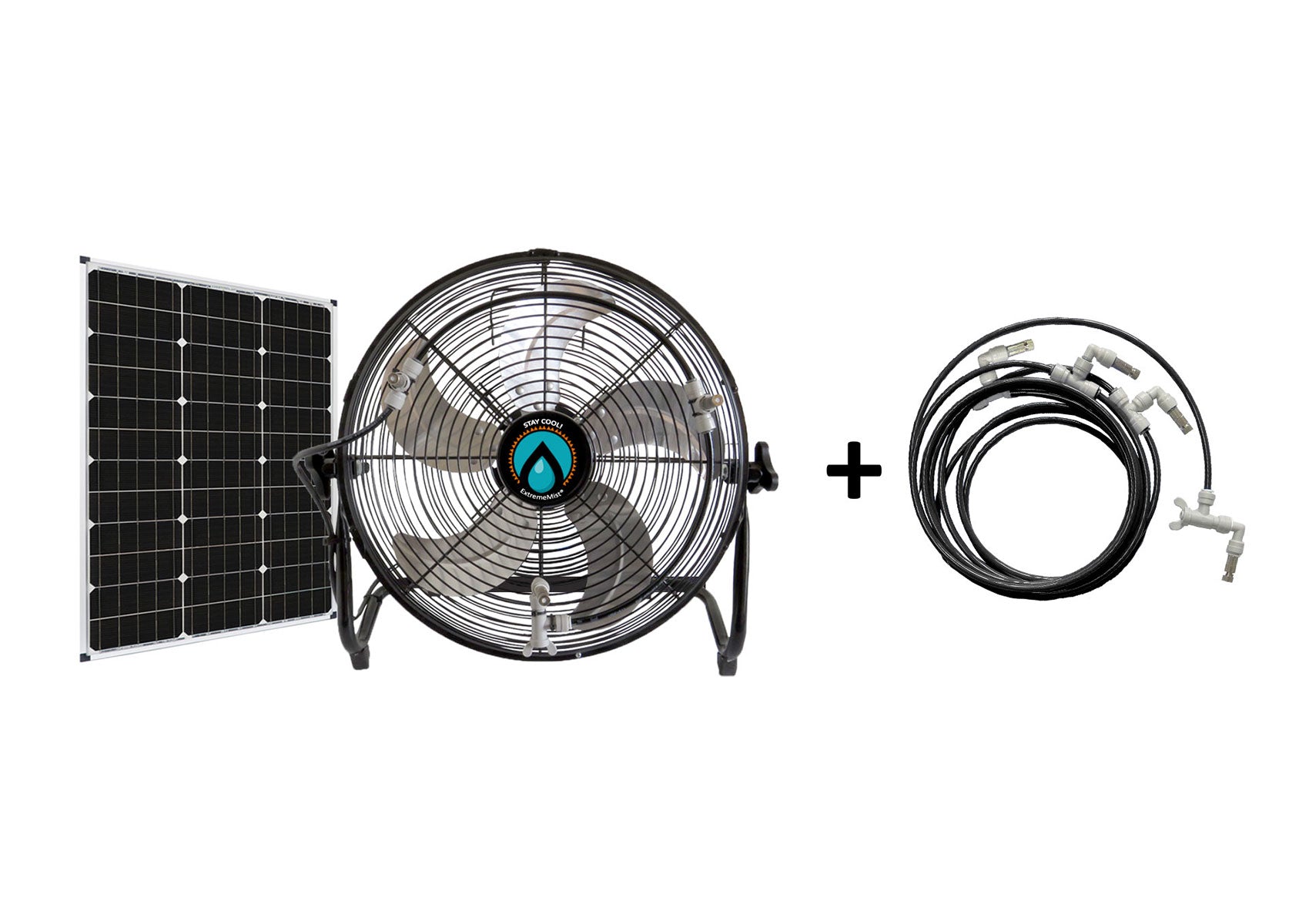 misting fan with solar panel and four nozzle misting line