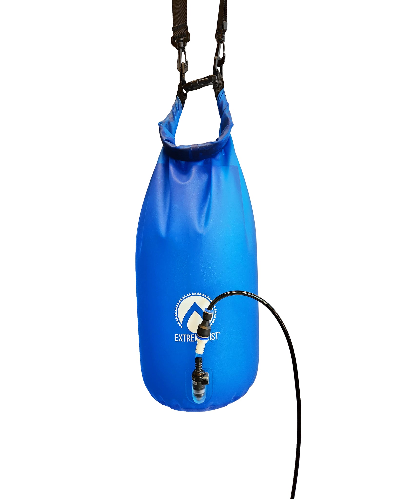 10 liter water container bag suspended from structure with misting line attached