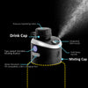 Black GoMist cap water bottle with labeled features on a black background