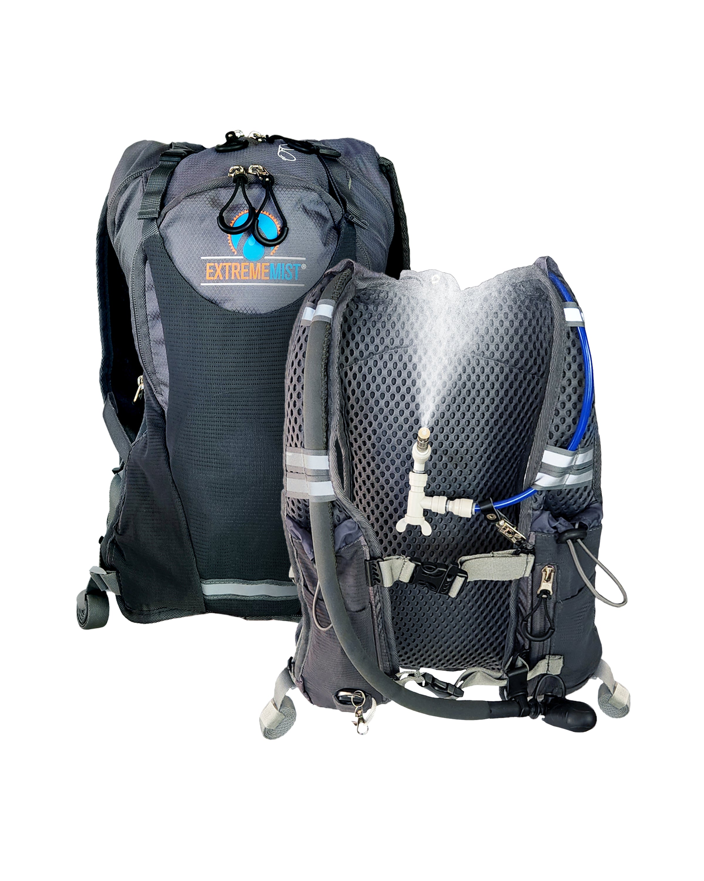 front and back of gray misting hydration backpack spraying mist