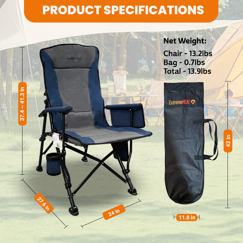 Compact and foldable heated camping chair with added comfort features.