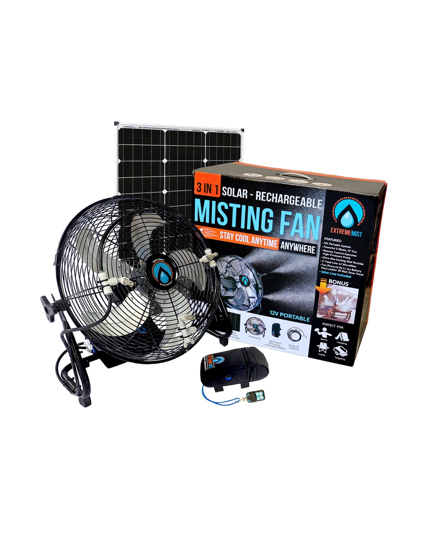 3-n-1 Portable Misting Fan w/ Solar Panel, Mist Pump & 16ft Mist Line attachment
