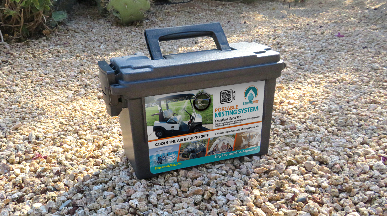 portable misting system ammo box carrying case on gravel