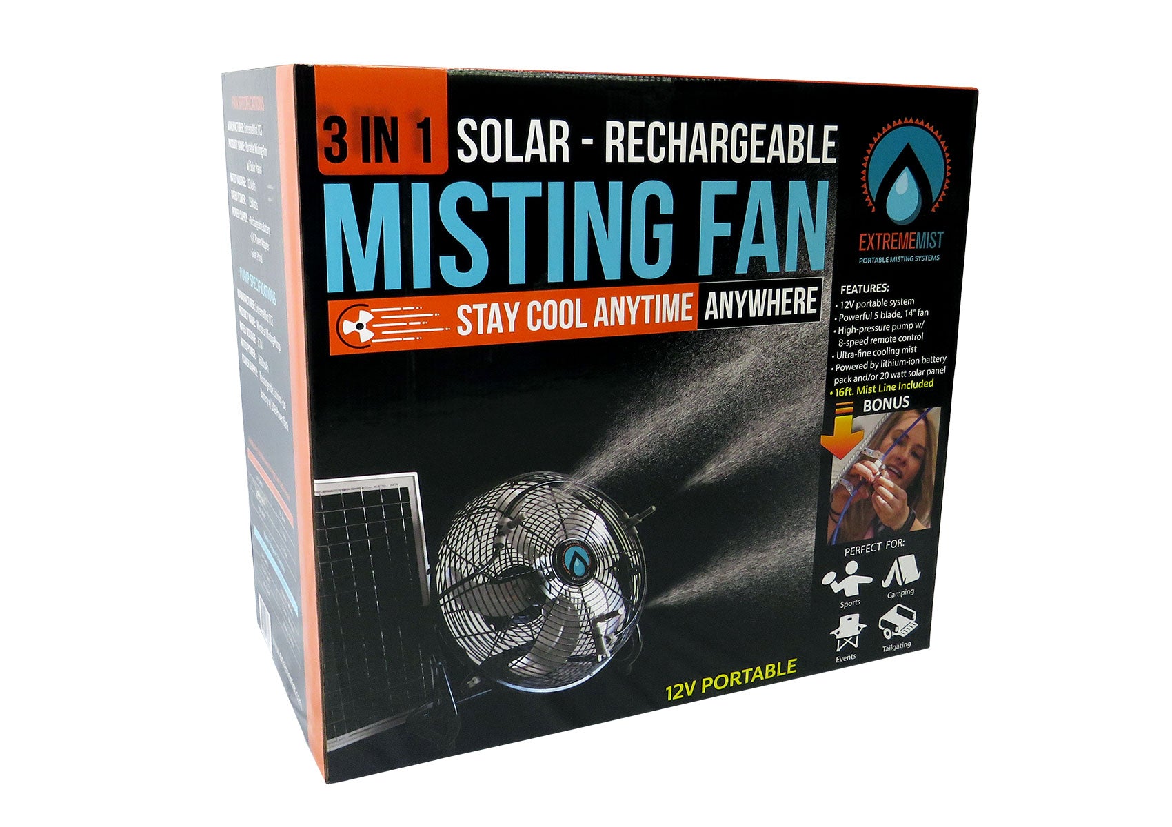 3-n-1 Portable Misting Fan w/ Solar Panel, Mist Pump & 16ft Mist Line attachment
