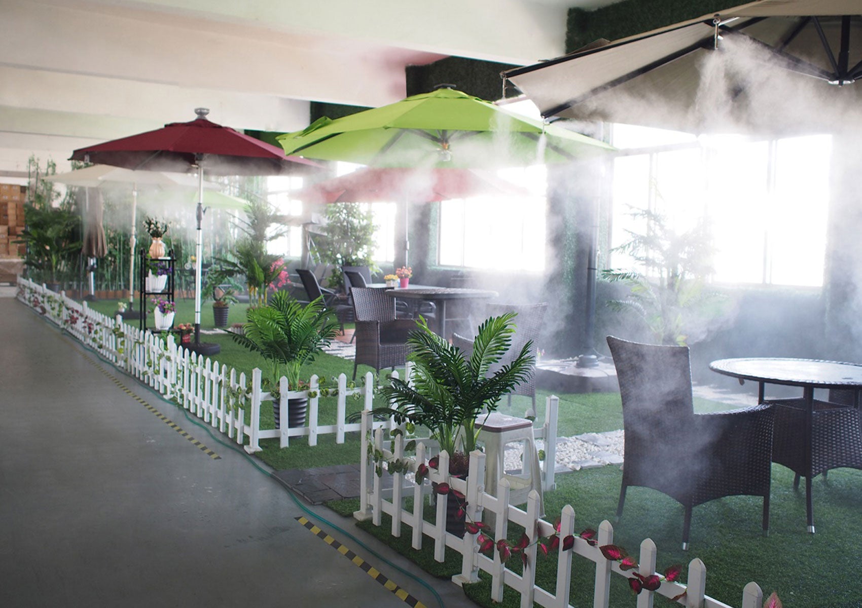 misting umbrellas in indoor space